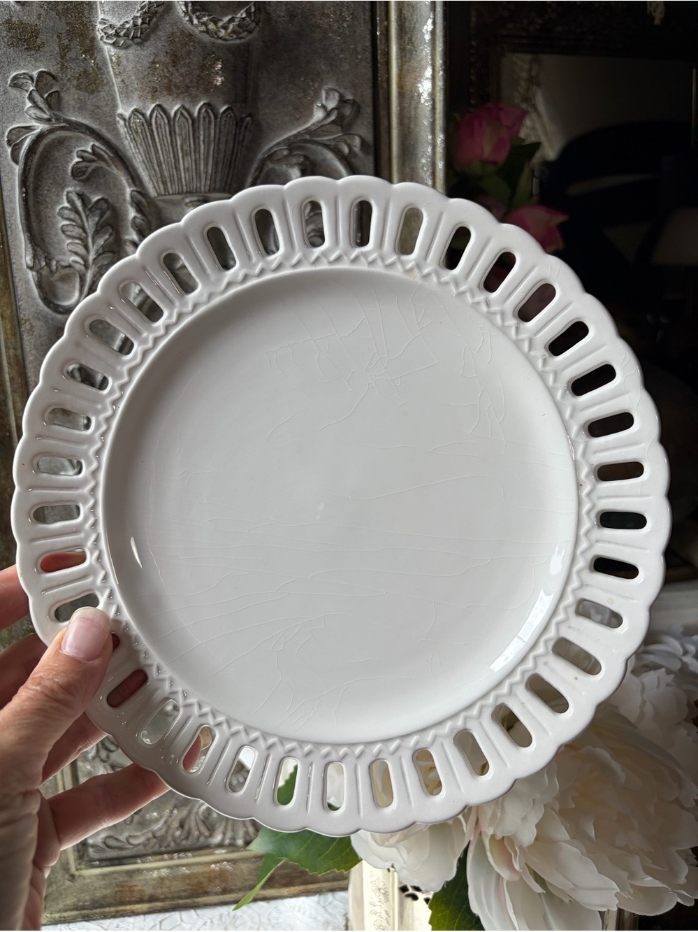 White ceramic open weave edge Tassies plate